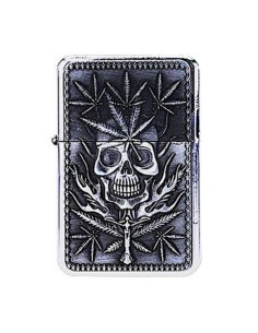 Briquet à Essence Métal Cannabis Leaves n Skull Silver CH