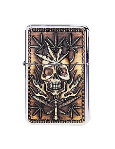Briquet à Essence Métal Cannabis Leaves n Skull Gold CH