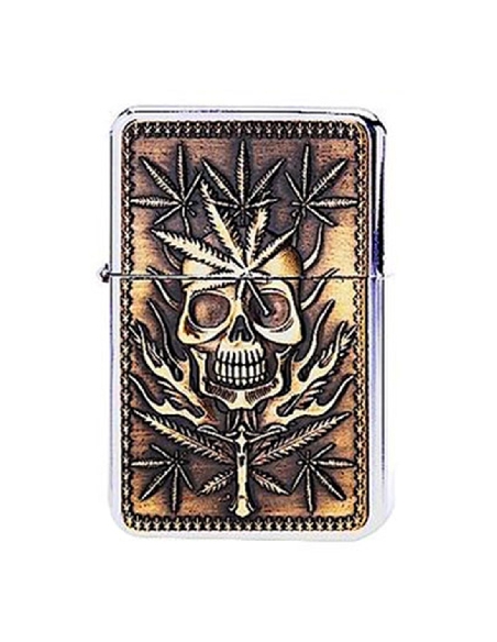 Briquet à Essence Métal Cannabis Leaves n Skull Gold CH