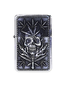 Briquet à Essence Métal Cannabis Leaves n Skull Silver CH