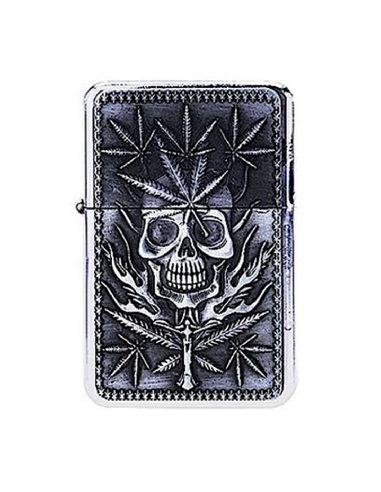Briquet à Essence Métal Cannabis Leaves n Skull Silver CH
