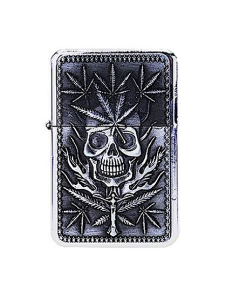 Briquet à Essence Métal Cannabis Leaves n Skull Silver CH